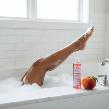Person in a bathtub with a bottle of BeorganicLLC peach Yoni Wash and peach next to them