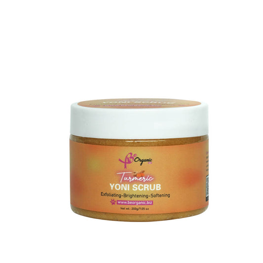 A jar of BeOrganicLLC Turmeric Scrub, which is an exfoliating skin care product.