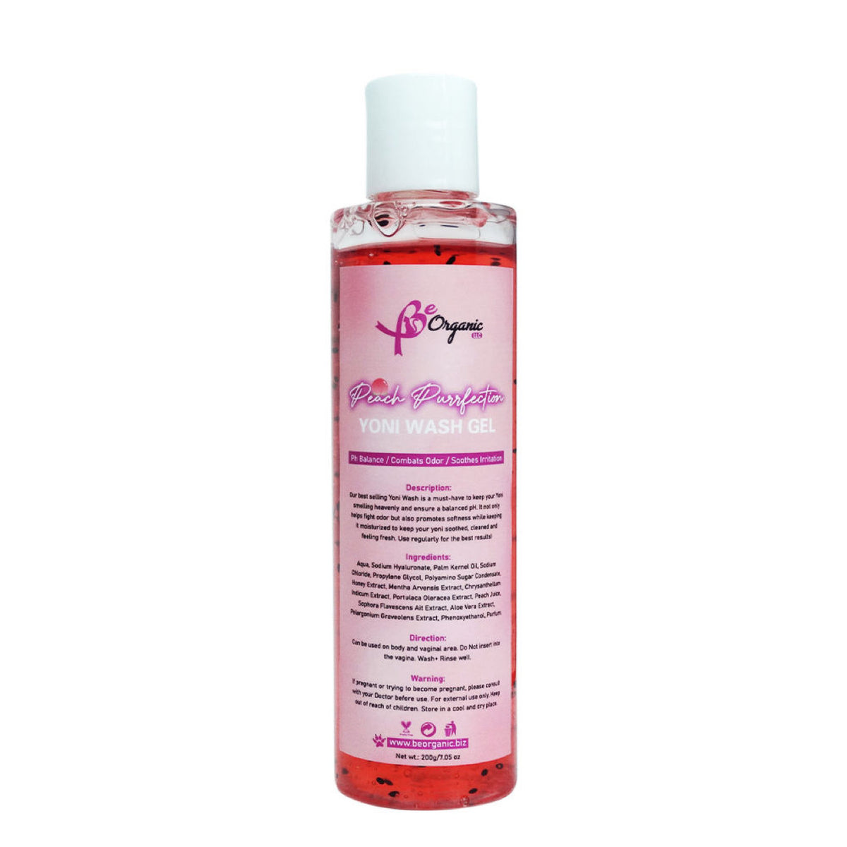 A bottle of Purrfection Peach Yoni Wash with a pink label, 7.0 OZ size.