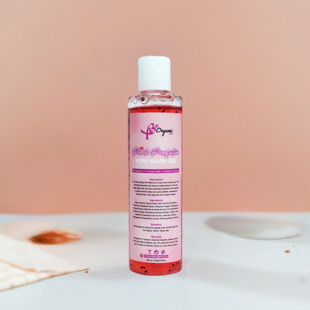 BeorganicLLC yoni wash gel on bathroom countertop