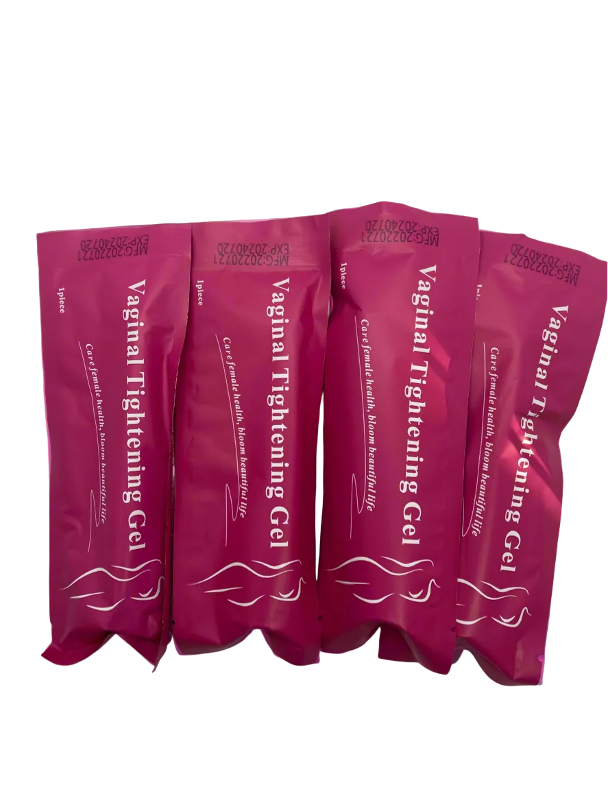 Five pink sachets of Vaginal Tightening Gel arranged in a row on a plain white background.